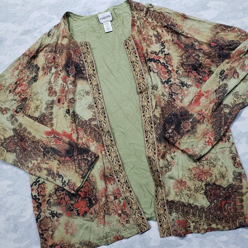 Chicos Cardigan Top Womens 3 Green Open Front Floral Print Long Sleeve - Picture 2 of 10