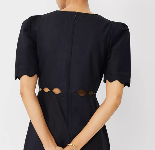 NUEVO VESTIDO ACAMPANADO ANN TAYLOR NEGRO FESTONEADO MEZCLA LINO TALLA 16 - Imagen 5 de 8