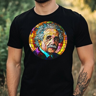 Mens Albert Einstein Stained Glass Motif Cotton T-Shirt Size XS to 5XL
