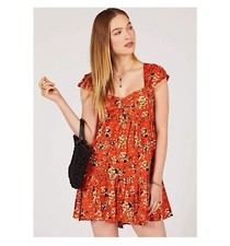 Free People Pattern Play Mini Dress Size Small Micro Floral Coral Orange Cream