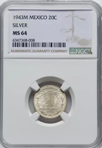 MEXICO ESTADOS UNIDOS 1943  20 CENTAVOS COIN, NGC CERTIFIED UNCIRCULATED, MS64