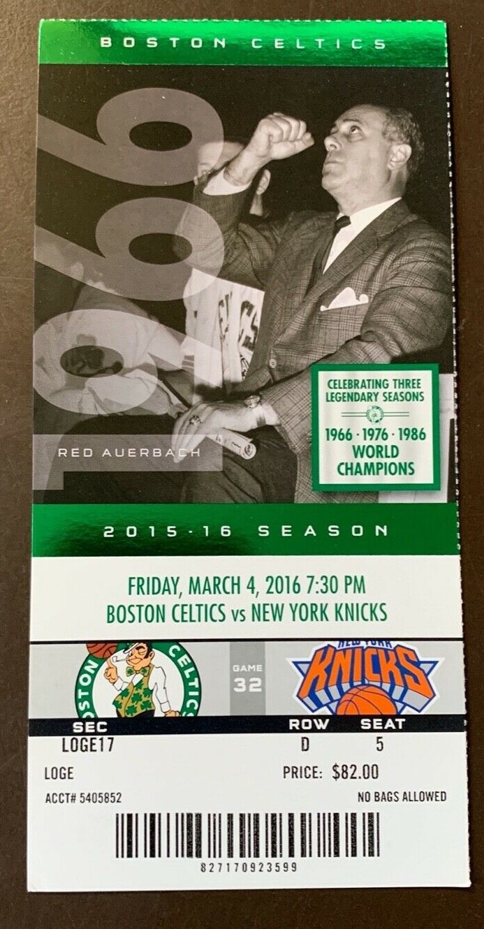 Boston Celtics 3/4/2016 NBA ticket stub vs New York Knicks