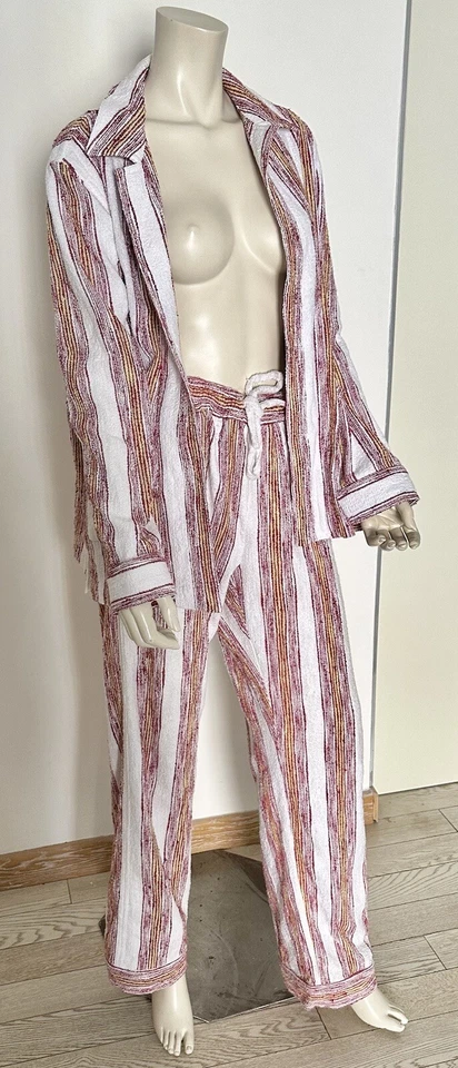 Lucy Folk Tessuto Cotone Righe Accappatoio Asciugamano Giacca Pantaloni Lungh... - Immagine 2 di 4