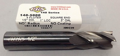 #ad 1 2quot; 4 FLUTE NEW 140 5000E quot;CGSquot; CARBIDE SQUARE END MILL UNCOATED $22.00