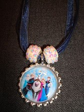 Navy Blue Organza Ribbon Cord Necklace Bottle Cap Bling Crystal Frozen Ice Anna