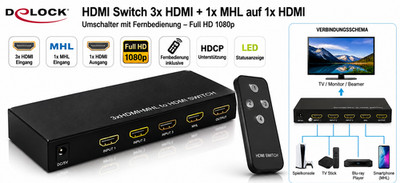 Delock HDMI Switch 3x HDMI + 1x MHL auf 1x HDMI Umschalter 1080p Fernbedienung