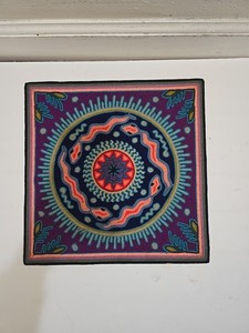 'Huichol Yarn Painting'  Peyote People w/Vivid Colors 12“ x 12 Yolanda D. Medina