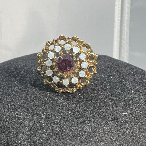 Vintage Opalescent & Purple Rhinestone Filigree Gold Adjustable Cocktail Ring - Picture 6 of 6