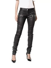 Women's Genuine Black Leather lace-up Skinny Pants Tailored Sleek Modern