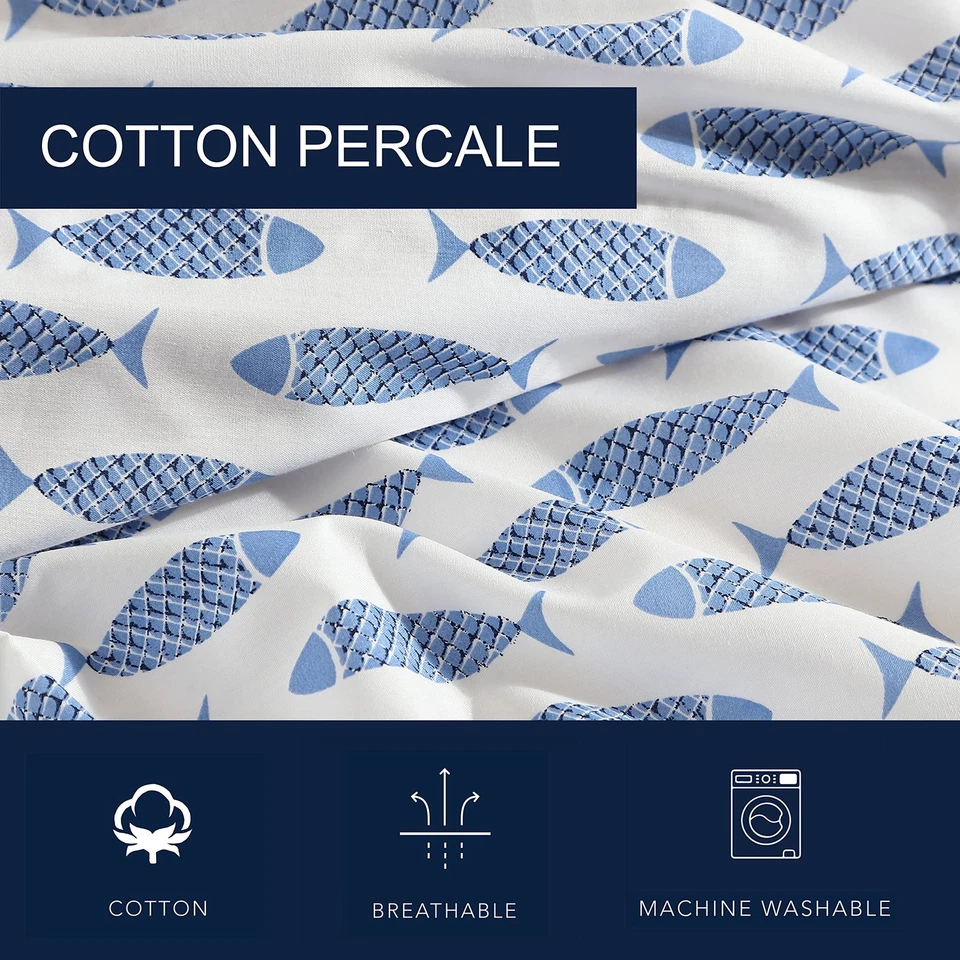 Nautica Woodblock Fish Full Cotton Bed Linen Set Machine Washable Percale - Image 4 of 4