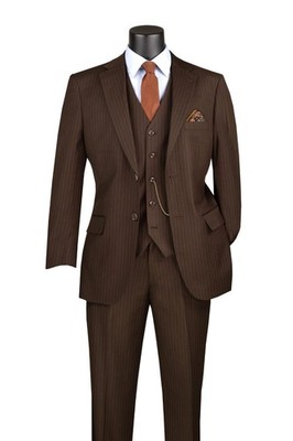 Vinci Men's Regular Fit 3-Piece Tone on Tone Stripe Suit Brown