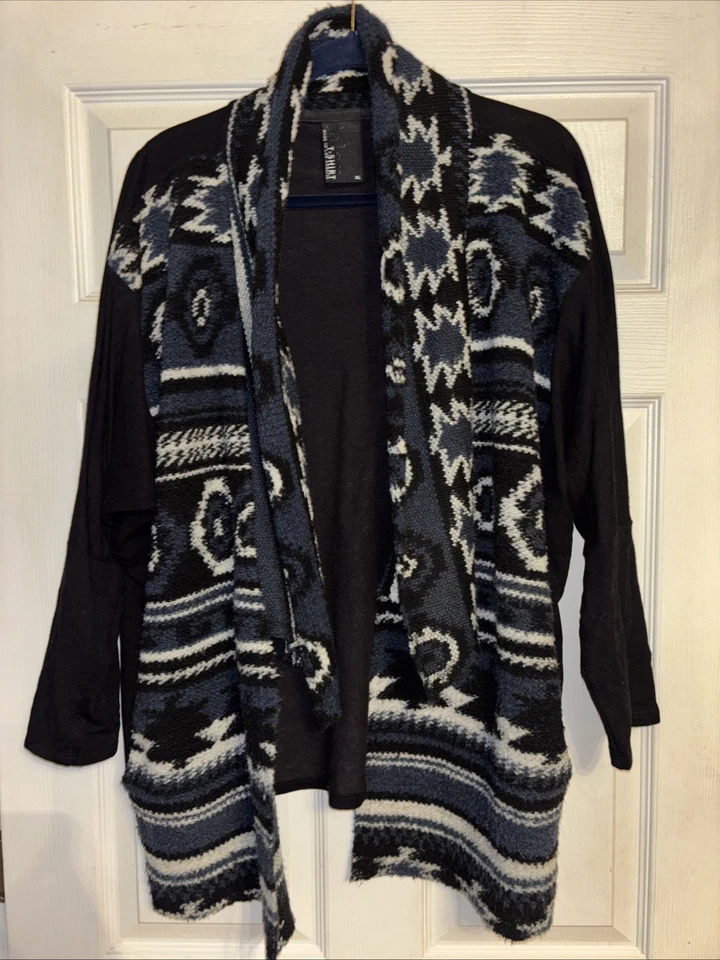 Anthropologie Dolan XL Santiam Azteca Polar Camiseta Cárdigan Negro Verde azulado Bolsillos Foto 3 de 4
