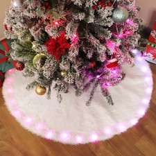 30 Inch Faux Fur Christmas Tree Skirt with LED Lights Soft Snow White Plush Mat