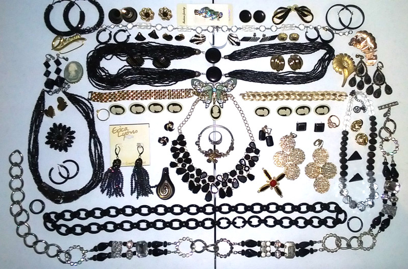 Vintage To Now Black And Gold Tone Jewelry Lot - Lot Of 57 Pcs.
