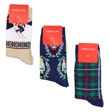 HOLIDAY LANE 3-Pack Holiday Crew Socks One Size Skier Nutcrackers Plaid