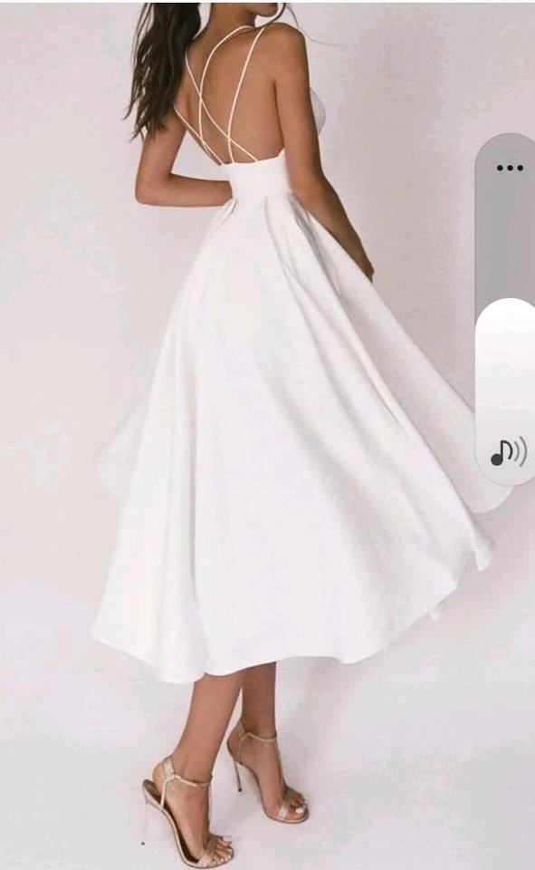  Vestido de novia formal midi línea A simple satinado talla 4 longitud té Foto 2 de 4