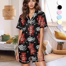 Dr Pepper Teddy Bear Pajamas - Women's Soda Print Button Up Lounge Sleepwear Set