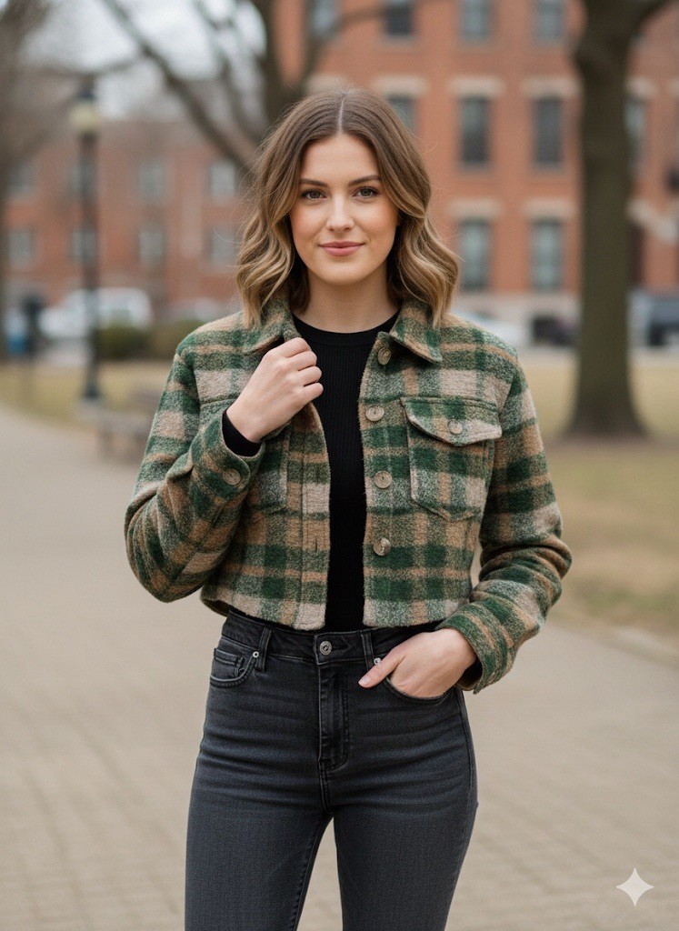 House of Harlow 1960 Plaid Cropped Shacket Jacket, Green/Tan, Size XS