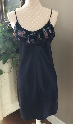 Vintage Laura Faye Babydoll Blue Floral Polysatin & Lace Lingerie Women s Large