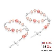 2PCS Car Rose Rosary for Rearview Mirror, Cross Blessing Rear View Mirror pink
