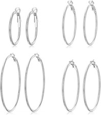 4 Pairs of 14K Gold Plated Hoop Earrings Set in Silver and Gold for Women