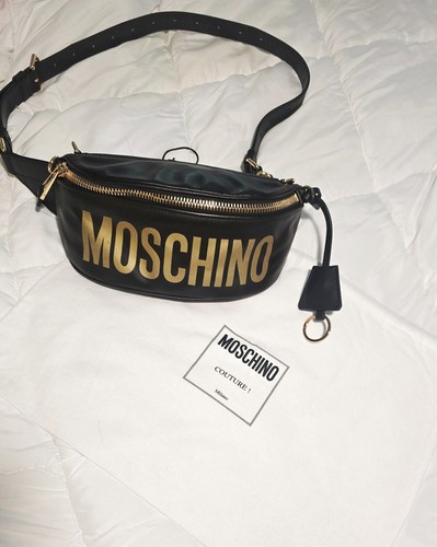 Moschino Couture Black Leather Logo Belt Bag Waist Bag Made in Italy