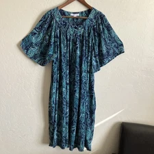 Go Softly Patio House Dress Plus Size 3X Green Blue Rayon Short Sleeve Pockets
