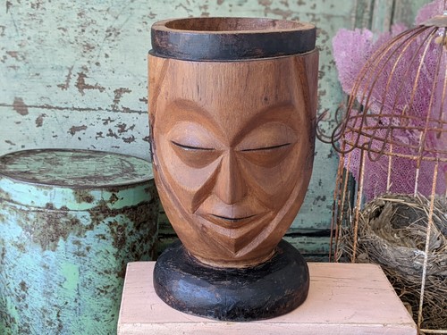 Vintage Hand-Sculpted Wooden Face Tribal Bowl