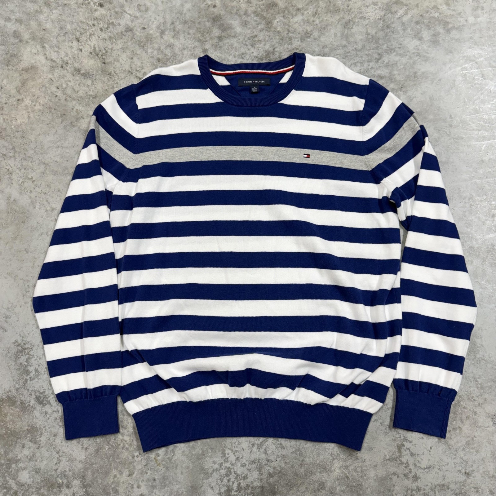 Tommy Hilfiger Sweater Mens XL Blue White Stripe Crewneck Knit Pullover Logo