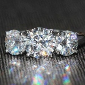 Authentic 3.05 TCW Round Cut Moissanite Three Stone Engagement Ring 14K White Gold Plated