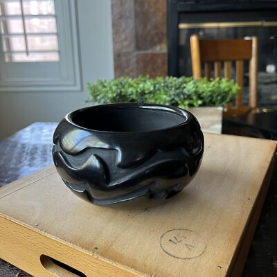 Native American Joy Cain Carved and Incised Black Pottery Santa Clara Bowl 