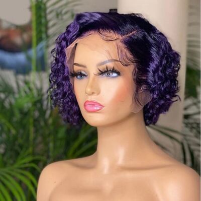 Pixie Cut Curly Human Hair Wigs Purple Lace Front  Party Wig