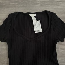 H M Women Ribbed Short Sleeve Bodysuit Size S Black Cotton/Polyester