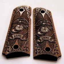1911 Full Size 3d Engraved Walnut Wood Grips Marines Semper Fidelis Scroll