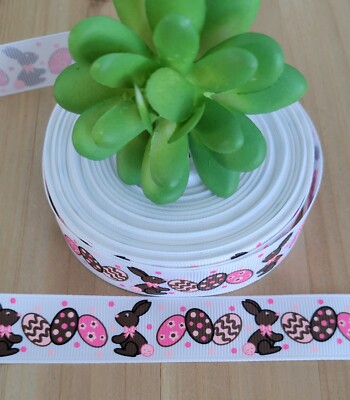 7/8'' (1 YD) Easter Bunny Grosgrain Ribbon Chocolate Bunny Easter Eggs Hair Bow