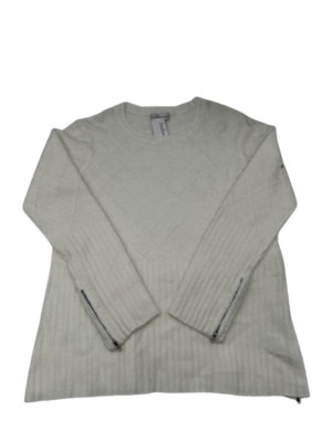 $118 Neiman Marcus Women Ivory Zip Cuff Diamond Stretch Fuzzy Knit Sweater SZ M