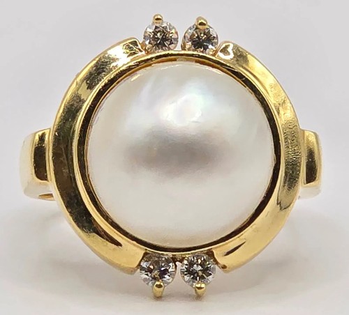 Anello in oro giallo 14 kt con perle Mabe e diamanti misura 7,5