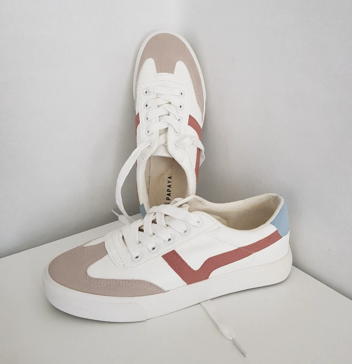 Papaya By Matalan Womens White Grey Plum Leather Trainers Sneakers Size UK 3