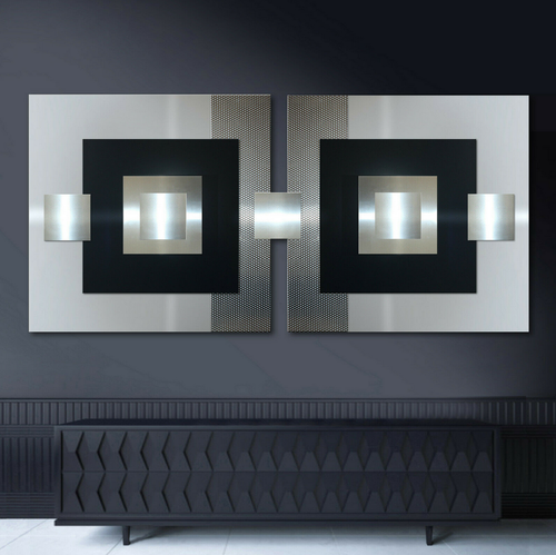 ORIGINAL ABSTRAKT METALL Bild 3D Modern Designer Wandbild Schwarz Silber UNIKAT - Bild 3 von 10