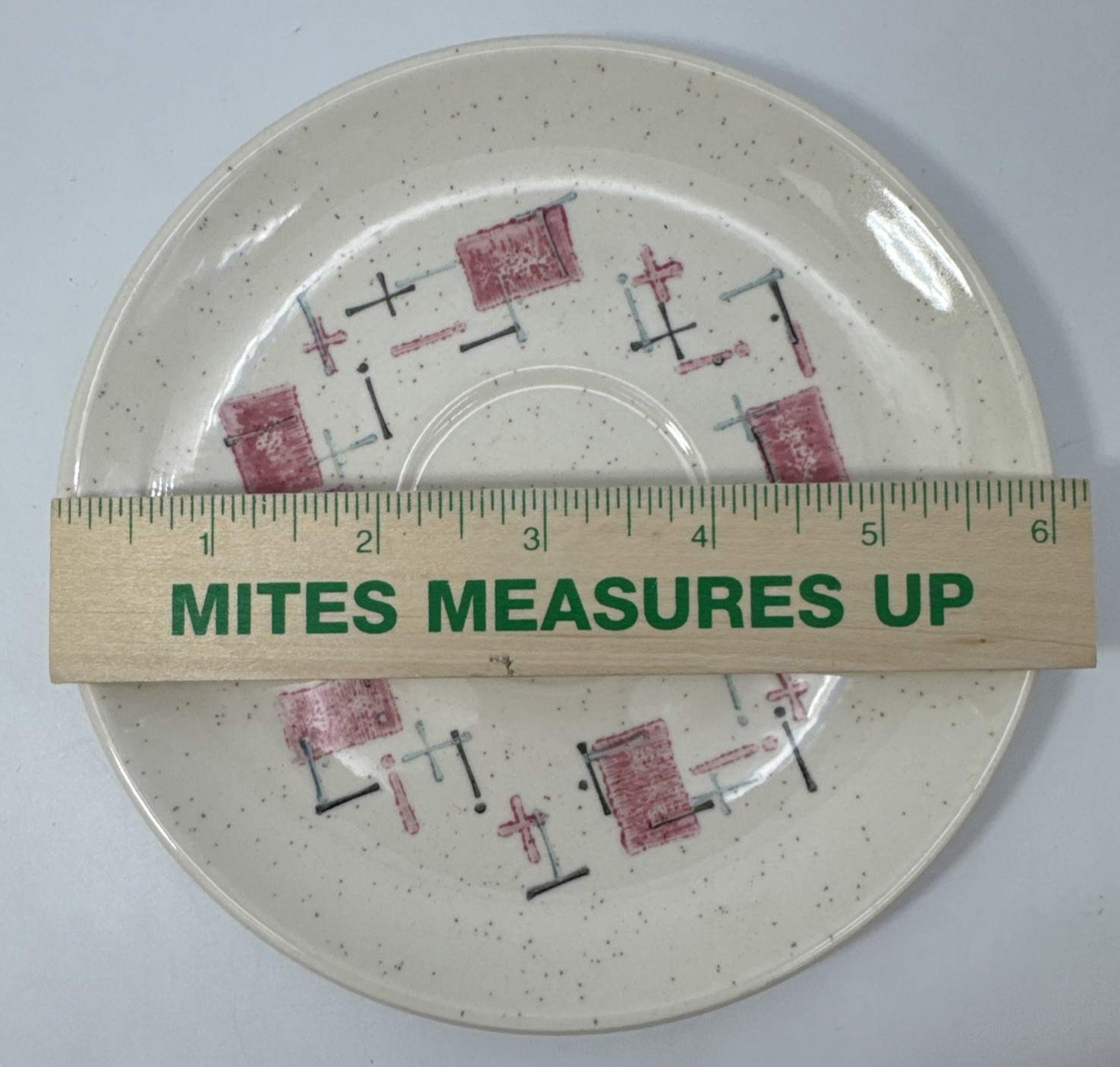 Vintage Metlox Vernon Ware "Tickled Pink" Speckled Cup & Saucer Retro Atomic MCM