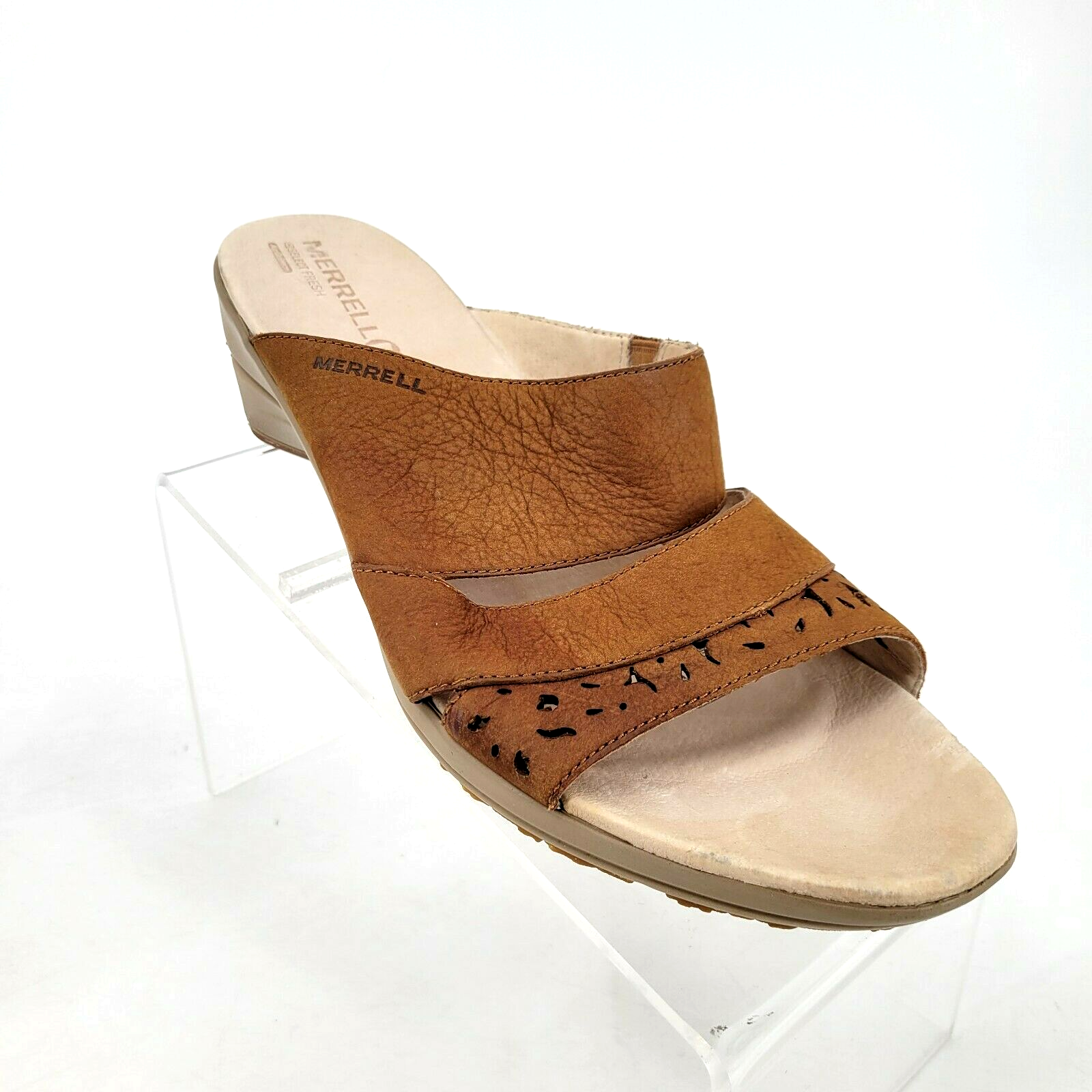 Sandali Merrell da donna 11 42 paglia avena marrone chiaro pelle impugnatura comfort tacchi slip on