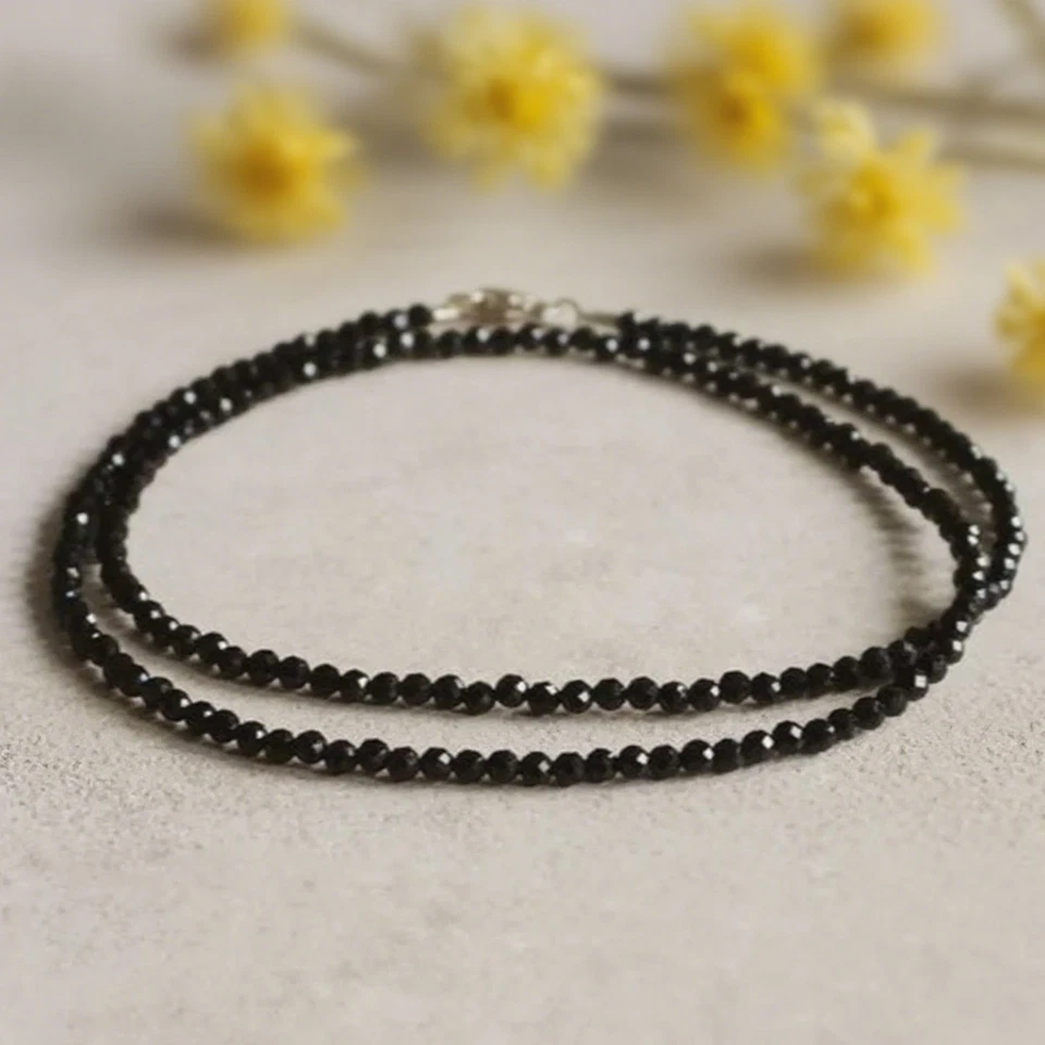天然黑色黑曜石 2 毫米串珠项圈修复灵气保护女式项链 — 第 4/4 张图片