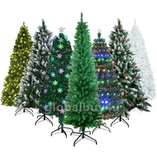 Pre Lit Christmas Tree 4/5/6/7ft Hinged Pine with Lights/Fibre Optic/Snow Decor