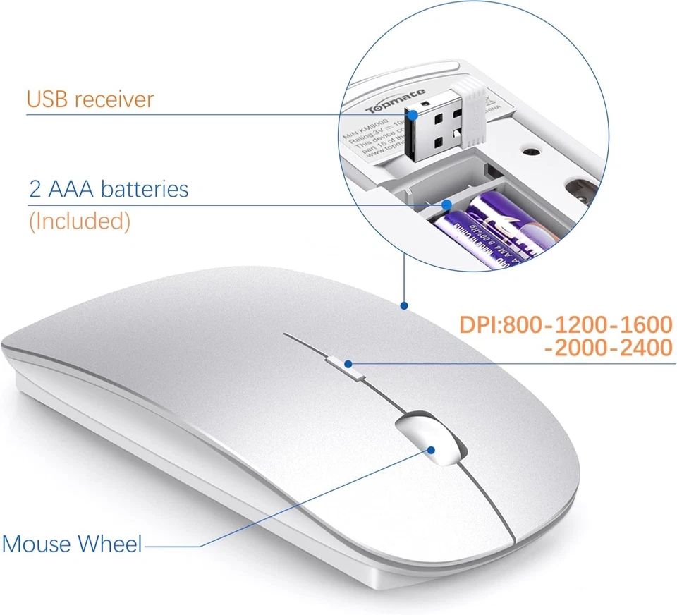 Wireless Ultra Slim Silent Compact USB Keyboard and 2400DPI Mouse - Silver/White - Image 4 of 4