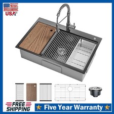 Stainless Steel Drop in Kitchen Sink ,Single Bowl Topmount Sink Pull-Out Faucet
