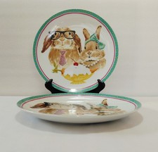Pier 1 Dinner Plates 10 3/4" Bunny Faces Rabbits Glasses Tie Pearls Bow Set Of 2
