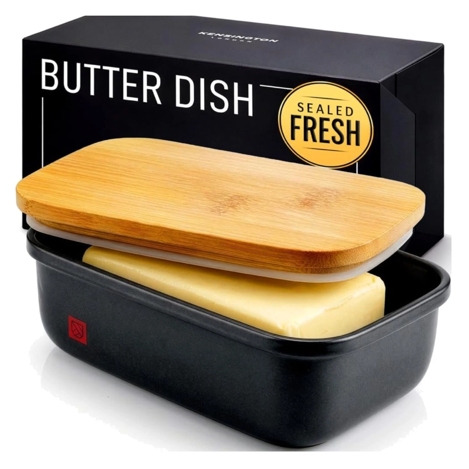 Elegant Gray Butter Dish with Bamboo Lid - Perfect Countertop & Fridge Keeper