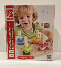 Hape Creative Peg Puzzle - 16 Pieces, Wooden Toddler Stacking Shape Puzzle Toy