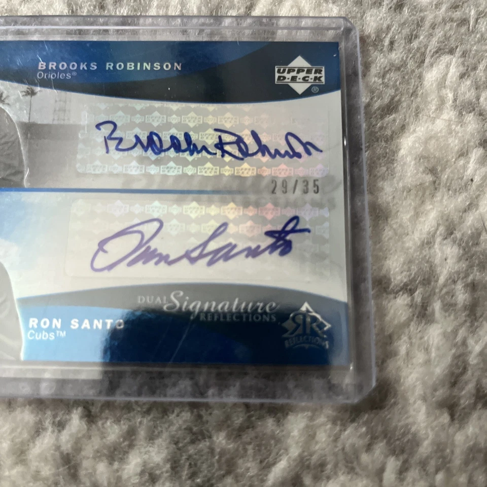 2005 UD Reflections Dual Autograph Brooks Robinson Ron Santo Blue HOF SP 35 Cubs - Image 2 of 4