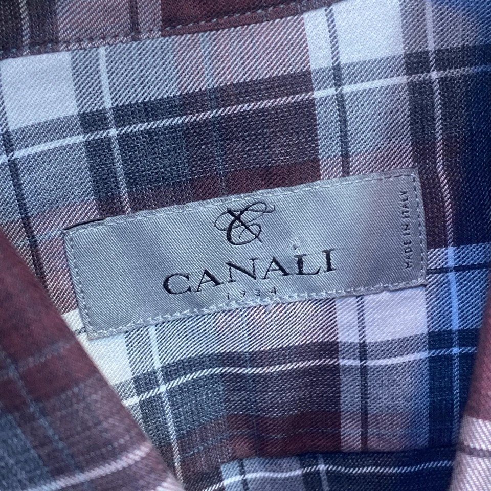 Camisa con botones Canali 1934 para hombre grande a cuadros de algodón cuello extendido gris borgoña Foto 3 de 4